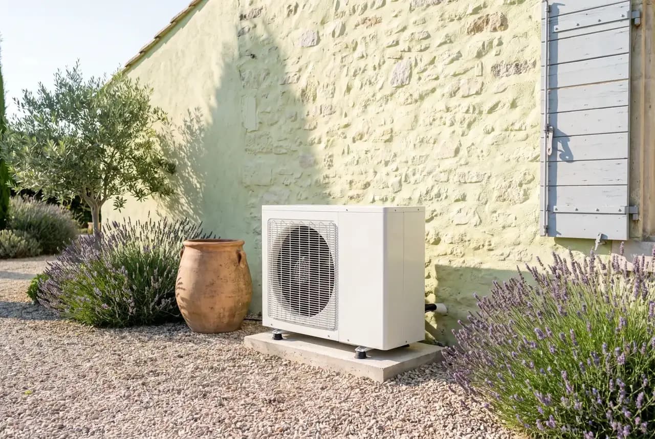 Unité extérieure d’une pompe à chaleur dans un jardin, illustration