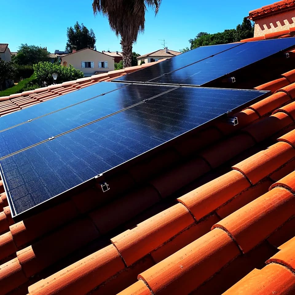 Panneaux solaires sur tuiles canal, palmier derrière