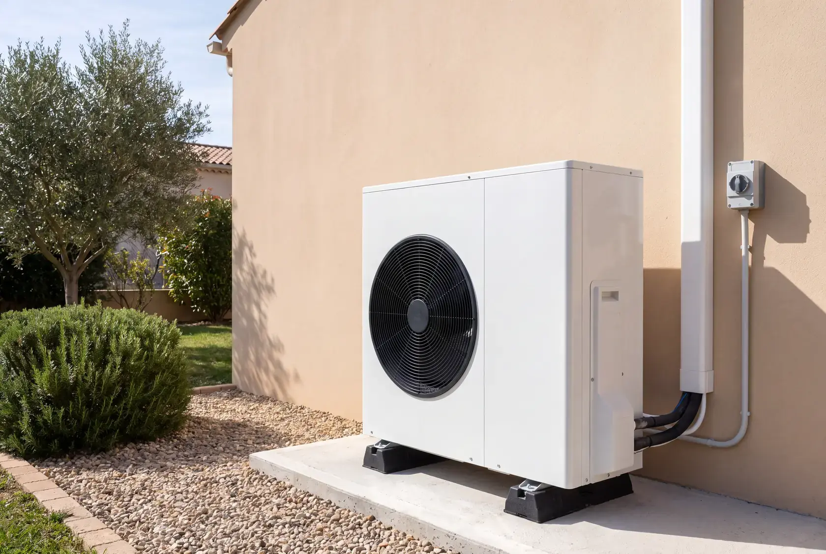 Pompe à chaleur air-eau neuve posée contre la façade d’une maison